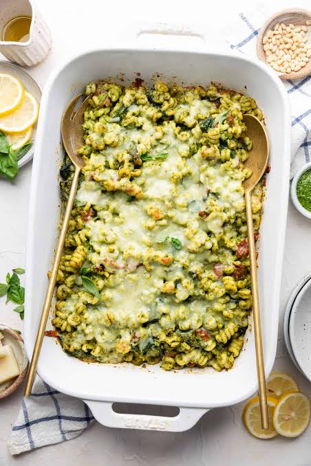 Cheesy Baked Fusilli with Green Pesto and Green Peas
